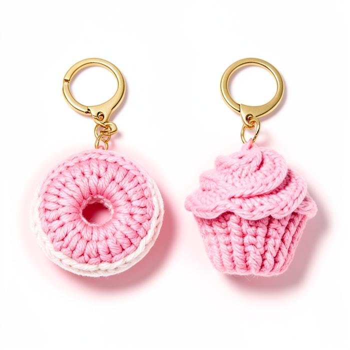 Chaveiros de crochê de rosquinha e cupcake