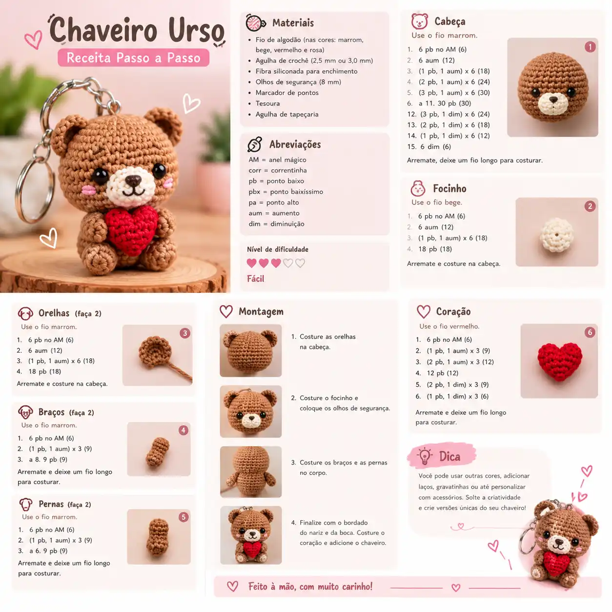 Página da receita passo a passo do Chaveiro Urso amigurumi, com materiais, abreviações e fotos de cada etapa